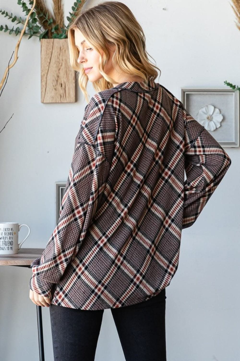 Plaid V-neck tee with seam detail - Love Salve